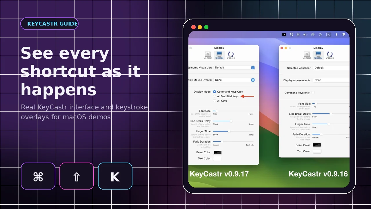 KeyCastr keystroke overlay and display settings on macOS